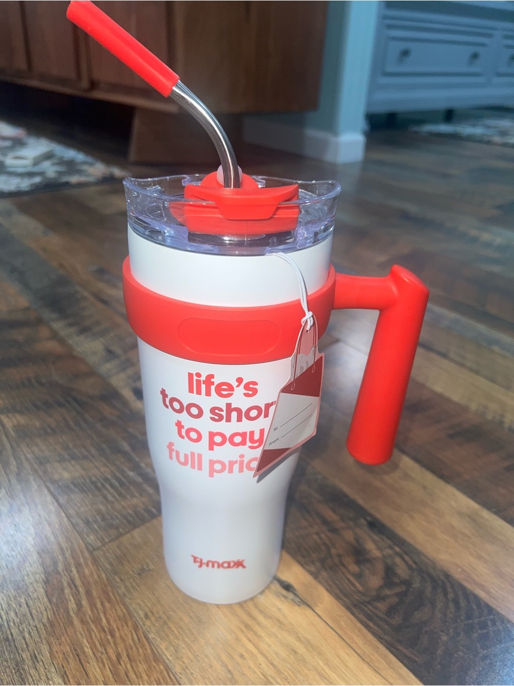 T.J.Maxx White and Red Insulated Travel Mug with Handle and Straw